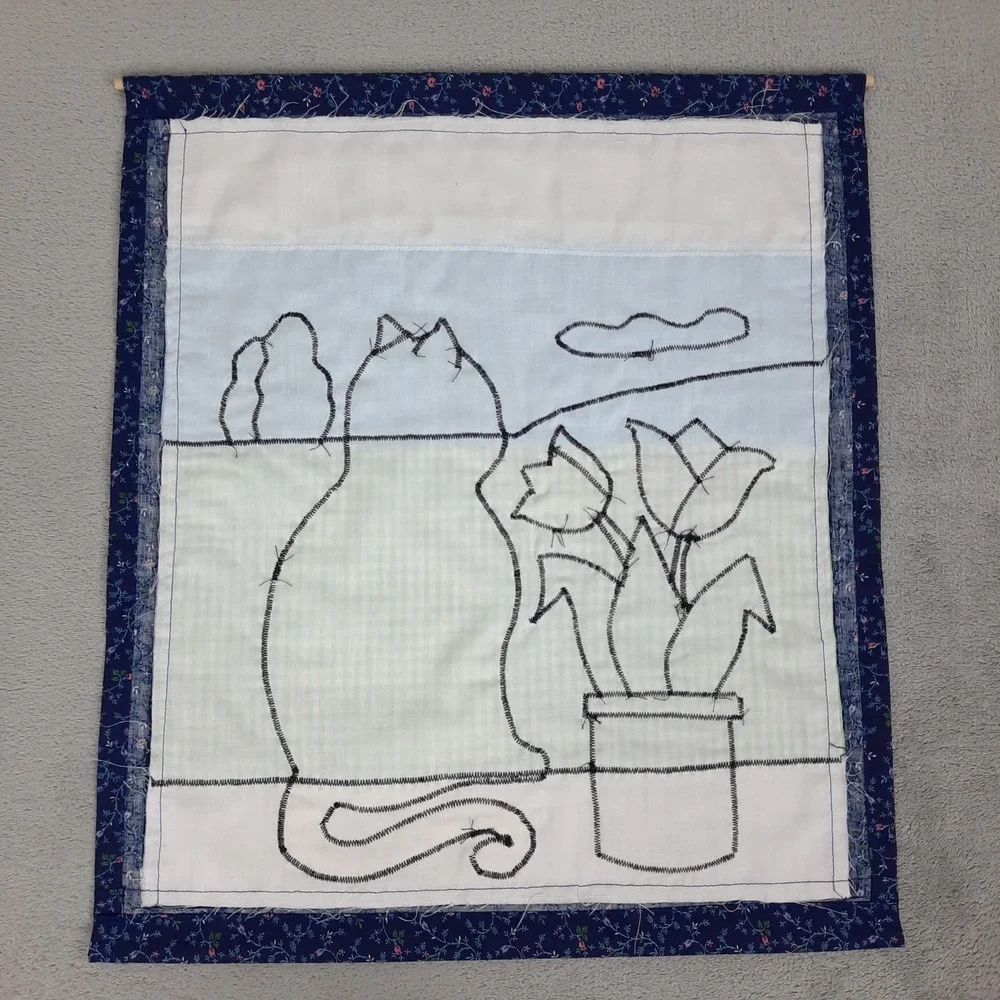 Handmade Applique Wall Hanging Cat Tulips Spring Floral Cottagecore Grandma VTG